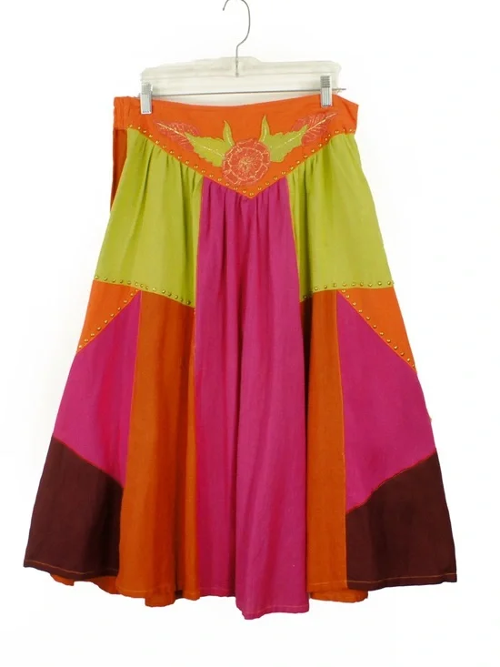 Vintage 80s Western Patchwork Orange Pink Green Colourblock Studded Long Skirt - Picture 4 of 5
